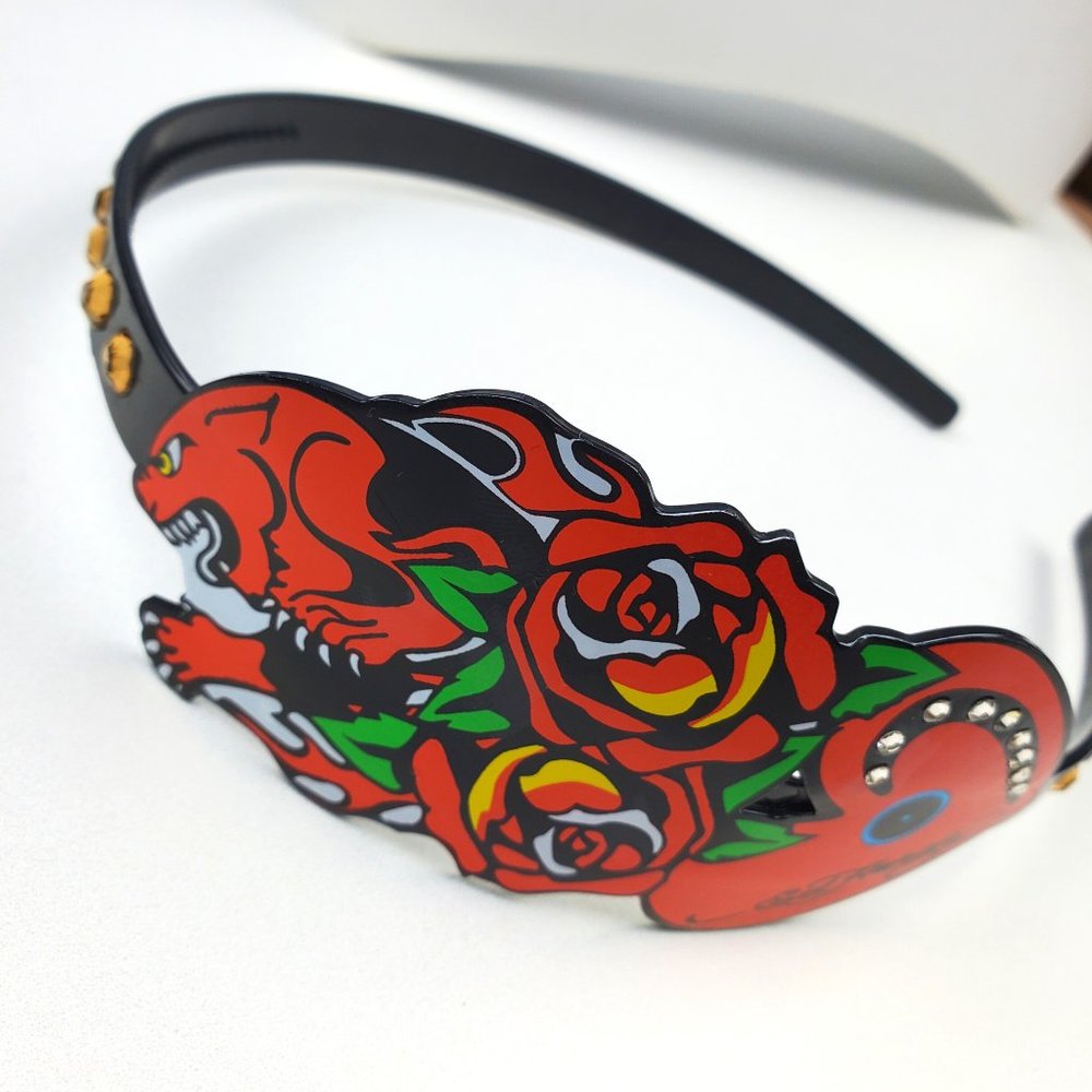 ED HARDY VINTAGE Style Authentic Hair Band / Cat , Roses, Heart Plastic Band